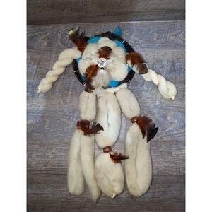 Vintage‎ Handmade Wool, Fur, Leather, Feathers, Beaded Dream Catcher 18"